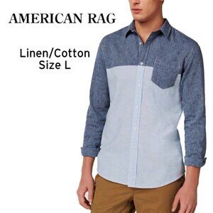 American Rag LINEN / COTTON Chambray Color Block button down shirt Size L